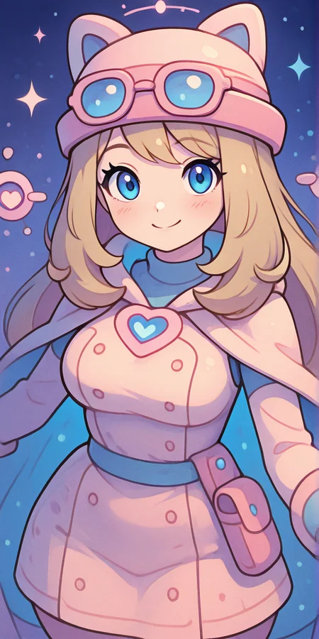 masterpiece, best quality, solo, curvy, beautiful eyes, narrow waist, wide hips, 1girl, solo, smile, looking at viewer, dynamic angle, foreshortening, close up,    zzSerena, solo, long hair, blue eyes, eyewear on headwear, pink headwear, <lora:SerenaPokemonIXL_v2:1.0>,   k4w4iim1r41, cute outfit, pastel clothes,  <lora:KawaiiMirai_IXL:1.2>, [Arcane Rune Scribe], linen robes with stitched runic patterns, layered vest with glowing sigils, ink-stained gloves, quill holster belt, floating scrolls circling head, etched glasses with translation glyphs, ancient library lit by hovering candles, standing among open tomes, focused expression,