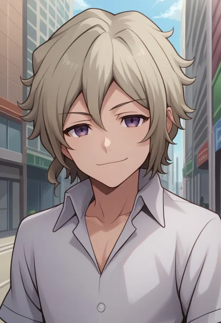 score_9, score_8_up, score_7_up, source_anime, highly detailed,
yoshiya, 1boy, male focus, solo, purple eyes, shirt, looking at viewer, smile, closed mouth, collared shirt,
white shirt, grey hair, portrait, hair between eyes,
outdoor, street, building, sky, cloud,