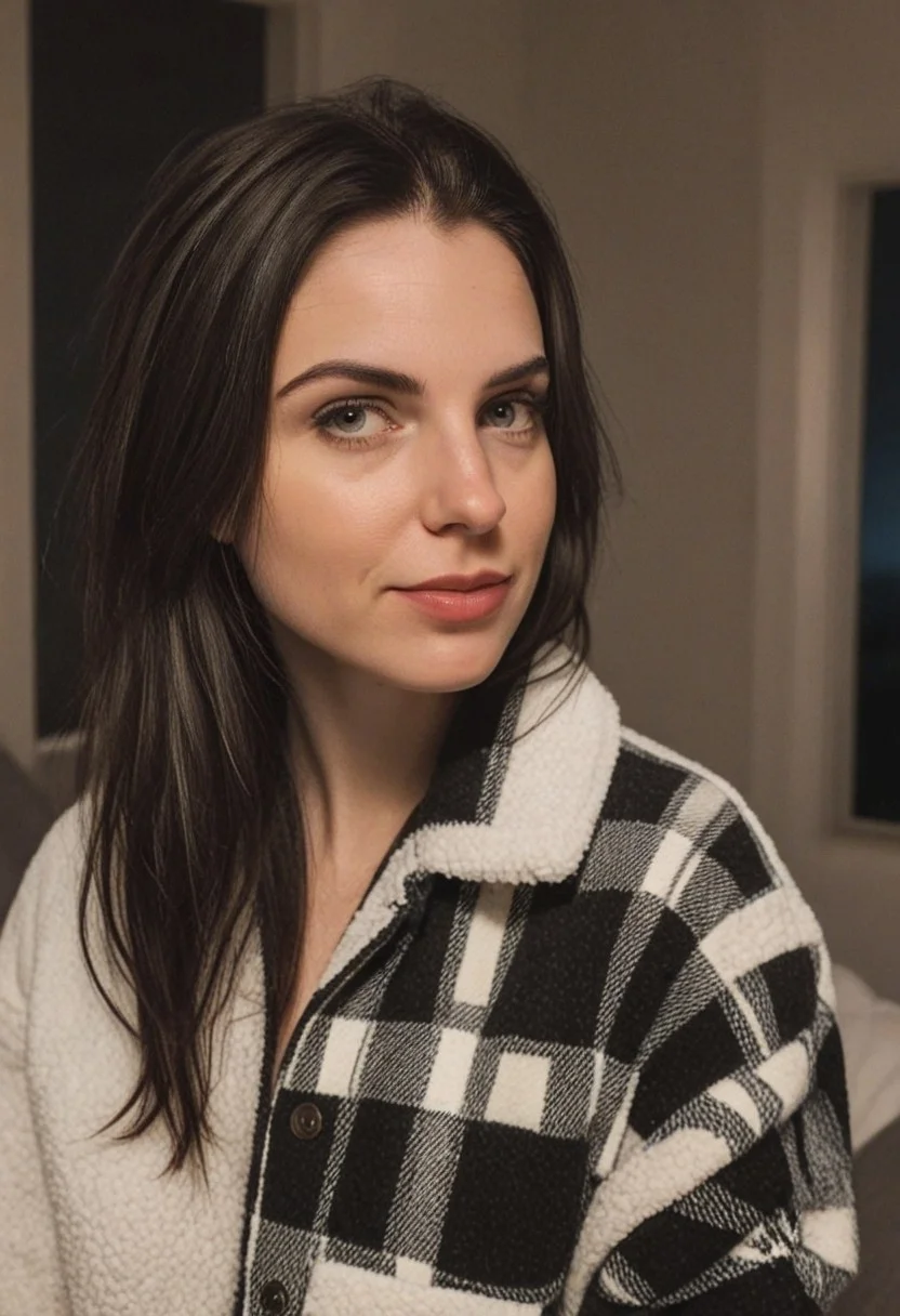 30yo woman wearing Plaid Polar Fleece Shacket with white textures 
long black dark hair slick back and smooth. Kissface. 
smile. Looking at camera. POV.
happy. 
Living room. Fully furnished.
Night time.
Portrait.