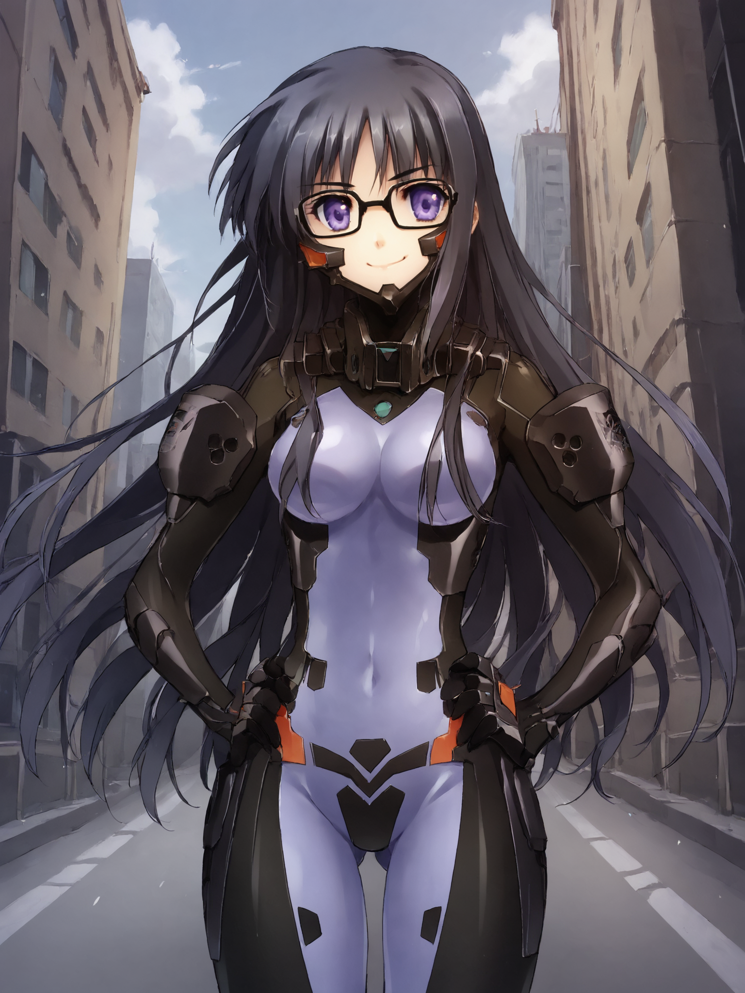 score_9, score_8_up, score_7_up, zPDXL, zPDXLpg, <lora:offset_0.2:0.1>, <lora:spo_sdxl_10ep_4k-data_lora_webui:1>,
1girl, solo,
schwarzesmarkenfortifiedsuit, pilot suit, impossible bodysuit, <lora:East_German_Fortified_Suit:1>,
gretel jeckeln, black hair, long hair, sidelocks, purple eyes, glasses, medium breasts,
straight-on, looking at viewer, smug, smile, hands on own hips, cowboy shot, ass visible through thighs,
outdoors, city, street