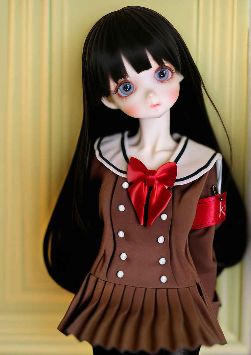 <lora:PIPOS:1.2>,1girl, shirokane rinko, detailed background, child, kid, big eyes style, armband, arms under breasts, black hair, black pantyhose, blush, bow, bowtie, breasts, brown dress, buttons, closed mouth, collarbone, cowboy shot, double-breasted, dress, eyelashes, fingernails, grey eyes, hanasakigawa school uniform, head tilt, long hair, long sleeves, looking at viewer, pantyhose, pleated dress, red bow, red bowtie, safety pin, sailor collar, school uniform, serafuku, short dress, sidelocks, signature, solo, standing, white sailor collar, 
very awa, masterpiece, best quality, highres, absurdes,amazing quality,year 2024,newest