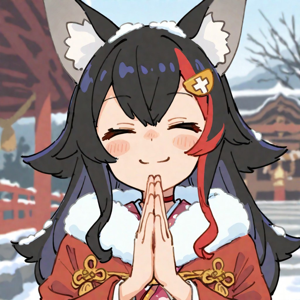 masterpiece, best quality, good quality, very awa, firedotinc, 1girl, solo, ookami mio, virtual youtuber, ookami mio (1st costume), new year, hatsumoude, japanese clothes, fur-trimmed kimono, praying, closed eyes, smile, scenery, shrine, shrine bell, rope, shimenawa, winter, snow, depth of field, portrait, <lora:ai_styles_collection_noob_vpred-1.0-v4.02:1>