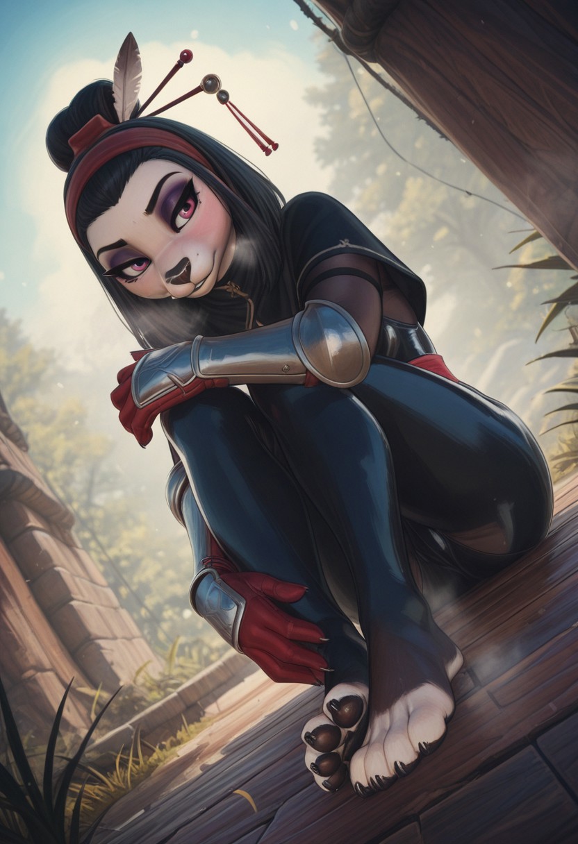 pixelsketcher,  outdoors, undershirt, falling feathers, black bodysuit, hair stick, hugging own legs, , gauntlets,   eyeshadow,   red gloves, black capelet, red hairband, pink eyes, medium hair, black hair, 1girl, solo,  dynamic angle, foreshortening, furry, furry female, anthro, paws, claws, pawpads, steam, smell, visible, breath
