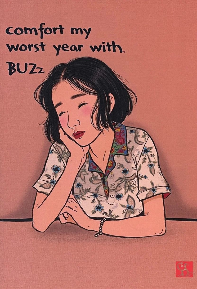 realistic japanese painting by konoshimaO, a depressed woman.
the dynamic text reads "comfort
my worst year
with BUZZ".