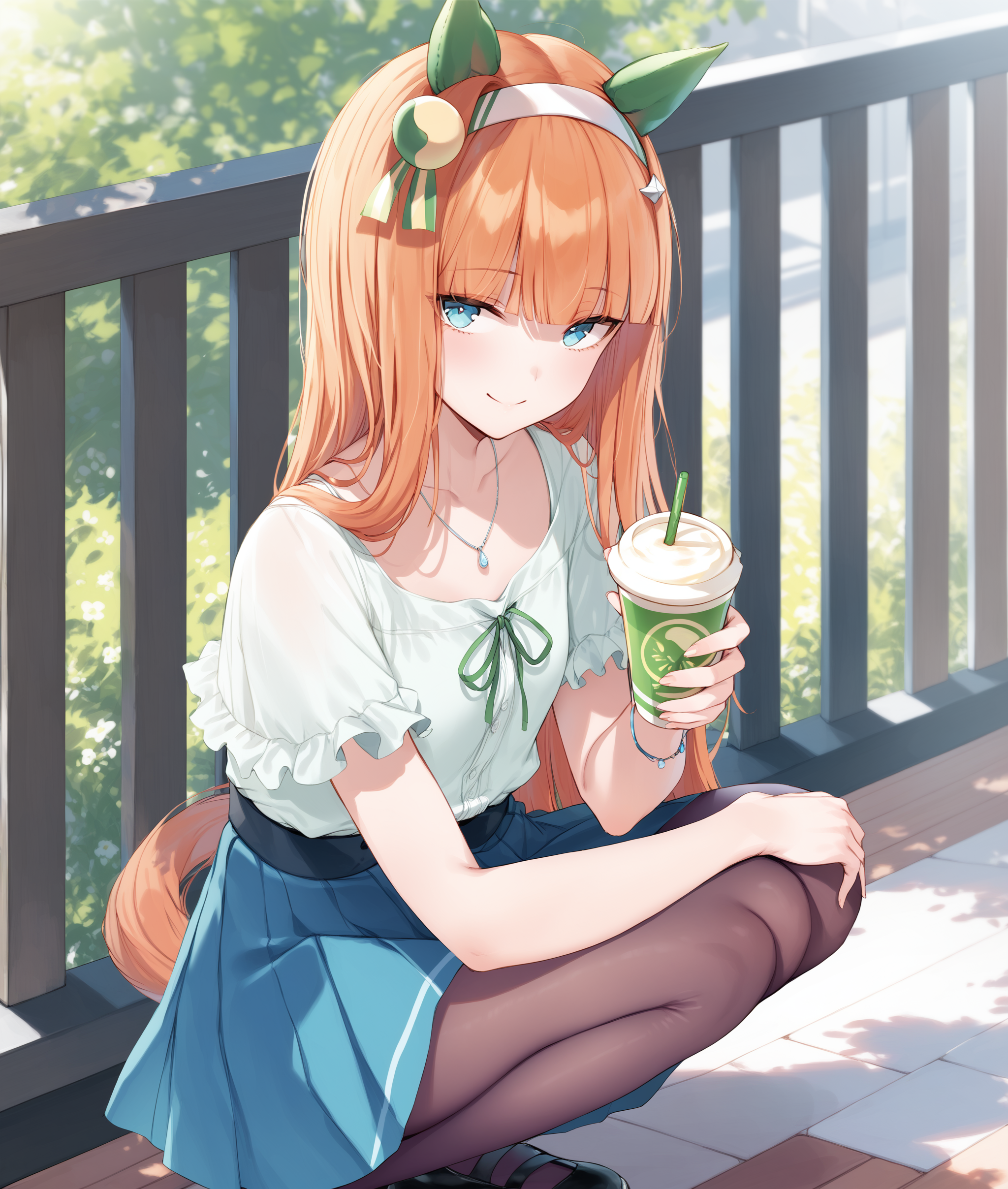score_9, score_8_up, score_7_up BREAK
casual_clothes, 1girl, solo, long hair, looking at viewer, smile, bangs, blue eyes, skirt, shirt, holding, animal ears, jewelry, closed mouth, collarbone, tail, full body, white shirt, short sleeves, pantyhose, pleated skirt, hairband, frills, shoes, blunt bangs, necklace, black footwear, orange hair, cup, blue skirt, black pantyhose, squatting, horse ears, horse girl, blouse, casual, holding cup, mary janes, horse tail, drinking straw, white hairband, hime cut, frilled shirt, disposable cup, ear covers, 
<lora:silence_suzuka-ponyXL:1>,