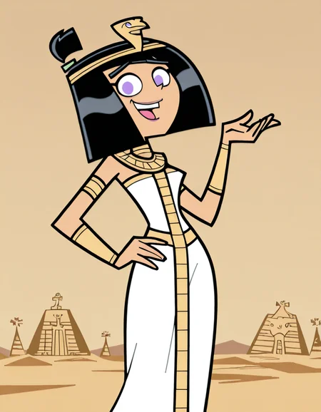<lora:SamMasonIllustrious1.0JLFO:1>samm, 1girl, egyptian, black hair, egyptian clothes, short hair, smile, hand on hip, open mouth, solo, bob cut, purple eyes,looking at viewer, masterpiece, best quality, amazing quality, very aesthetic, absurdres,simple background,