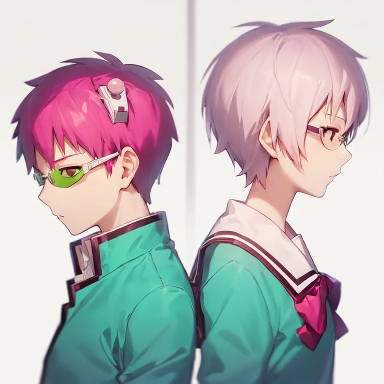 masterpiece, best quality, saiki kusuo, 1boy, 1girl, from side, back-to-back, upper body, white background, simple background <lora:Saiki Kusuo (Saiki Kusuo no Psi-nan):1>
AND saiki kusuo, 1boy, gakuran, glasses, antennas, from side, upper body, white background
AND saiki kusuo 1girl, serafuku, glasses, from side, upper body, white background