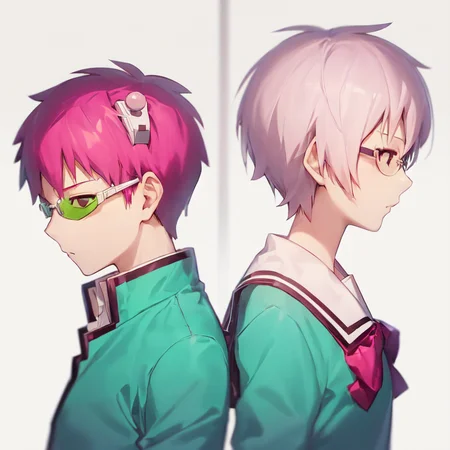 masterpiece, best quality, saiki kusuo, 1boy, 1girl, from side, back-to-back, upper body, white background, simple background <lora:Saiki Kusuo (Saiki Kusuo no Psi-nan):1>
AND saiki kusuo, 1boy, gakuran, glasses, antennas, from side, upper body, white background
AND saiki kusuo 1girl, serafuku, glasses, from side, upper body, white background