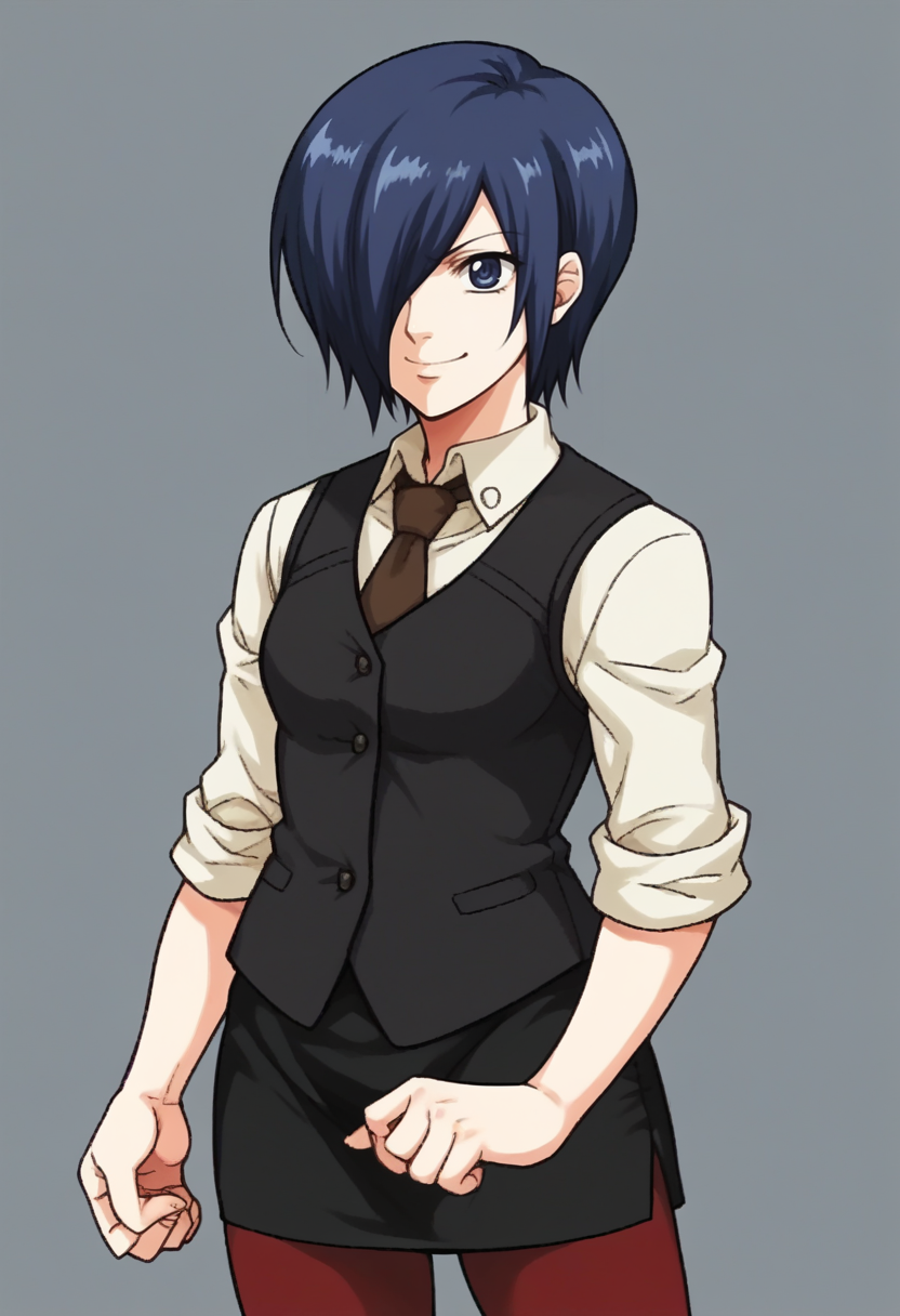 score_9, score_8_up, score_7_up, source_anime BREAK
<lora:zs_FE9PortraitsXL:1> fe9portraits, solo, cowboy shot, simple background, 1girl, smile, 
 <lora:tokyoghoul_kirishima_ponyXL:1> kirishima touka, blue hair, hair over one eye, blue eyes, white shirt, necktie, sleeves rolled up, black vest, pencil skirt, red pantyhose