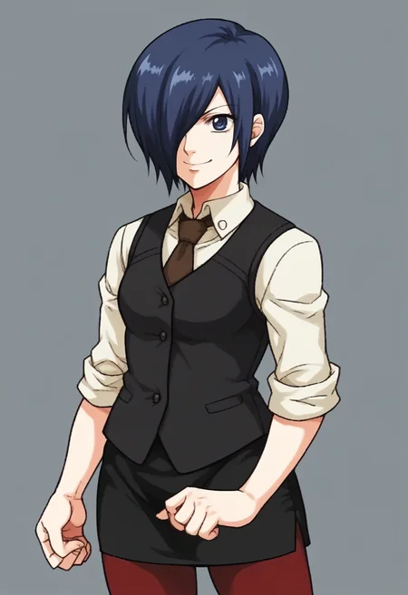 score_9, score_8_up, score_7_up, source_anime BREAK
<lora:zs_FE9PortraitsXL:1> fe9portraits, solo, cowboy shot, simple background, 1girl, smile,
<lora:tokyoghoul_kirishima_ponyXL:1> kirishima touka, blue hair, hair over one eye, blue eyes, white shirt, necktie, sleeves rolled up, black vest, pencil skirt, red pantyhose