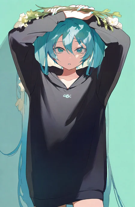 hatsune_miku, 1girl, solo, long_hair, looking_at_viewer, long_sleeves, holding, hair_between_eyes, very_long_hair, twintails, parted_lips, hood, arms_up, aqua_eyes, hoodie, aqua_hair, holding_flower, black_hoodie