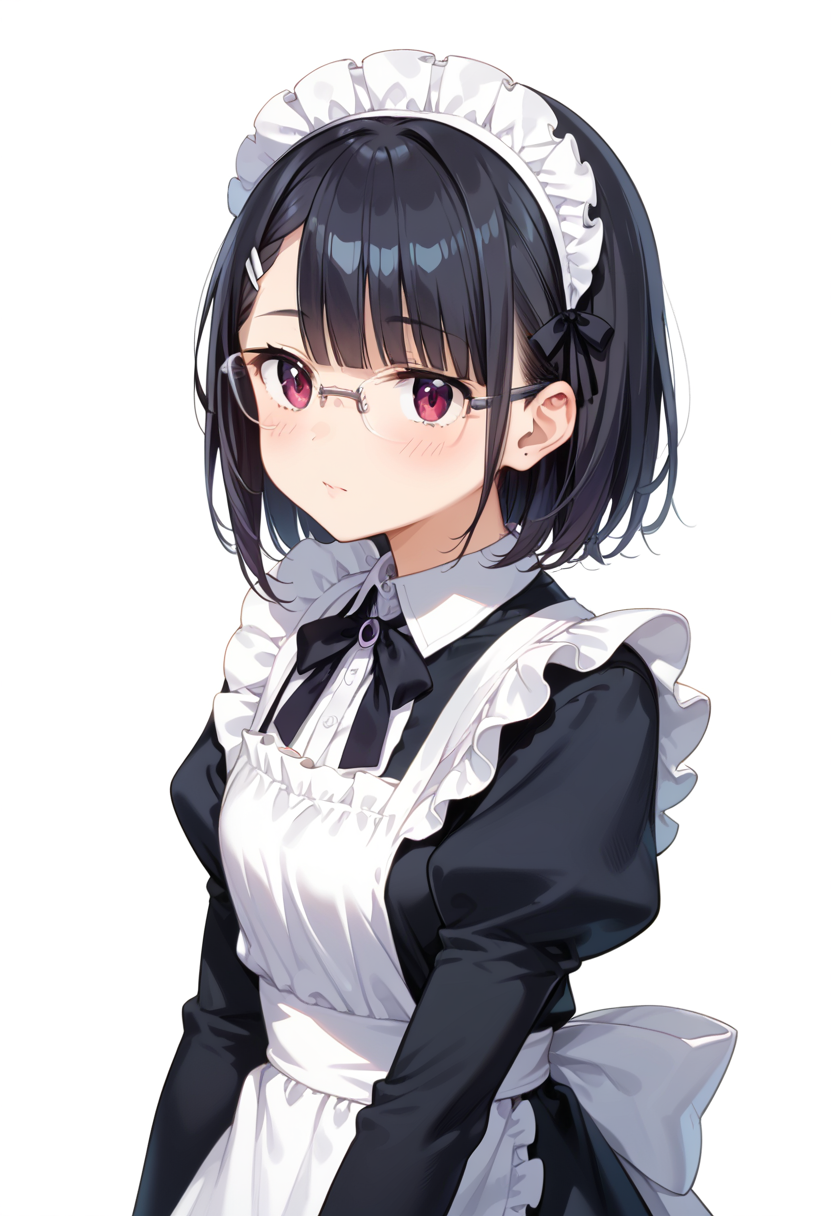 score_9, score_8_up, score_7_up, rating_safe, masterpiece, best quality, absurdres, unity 8k wallpaper, official art, official style, source_anime, uncensored, game cg, megami magazine,
1girl, solo, black hair, medium hair, upper body, covered eyes,maid, maid headdress, black dress, maid apron, face focus,
halfrim17s,  still life, white background, simple background, grey-framed eyewear,
 <lora:glasses_halfrim17S_PONY_V1:1>