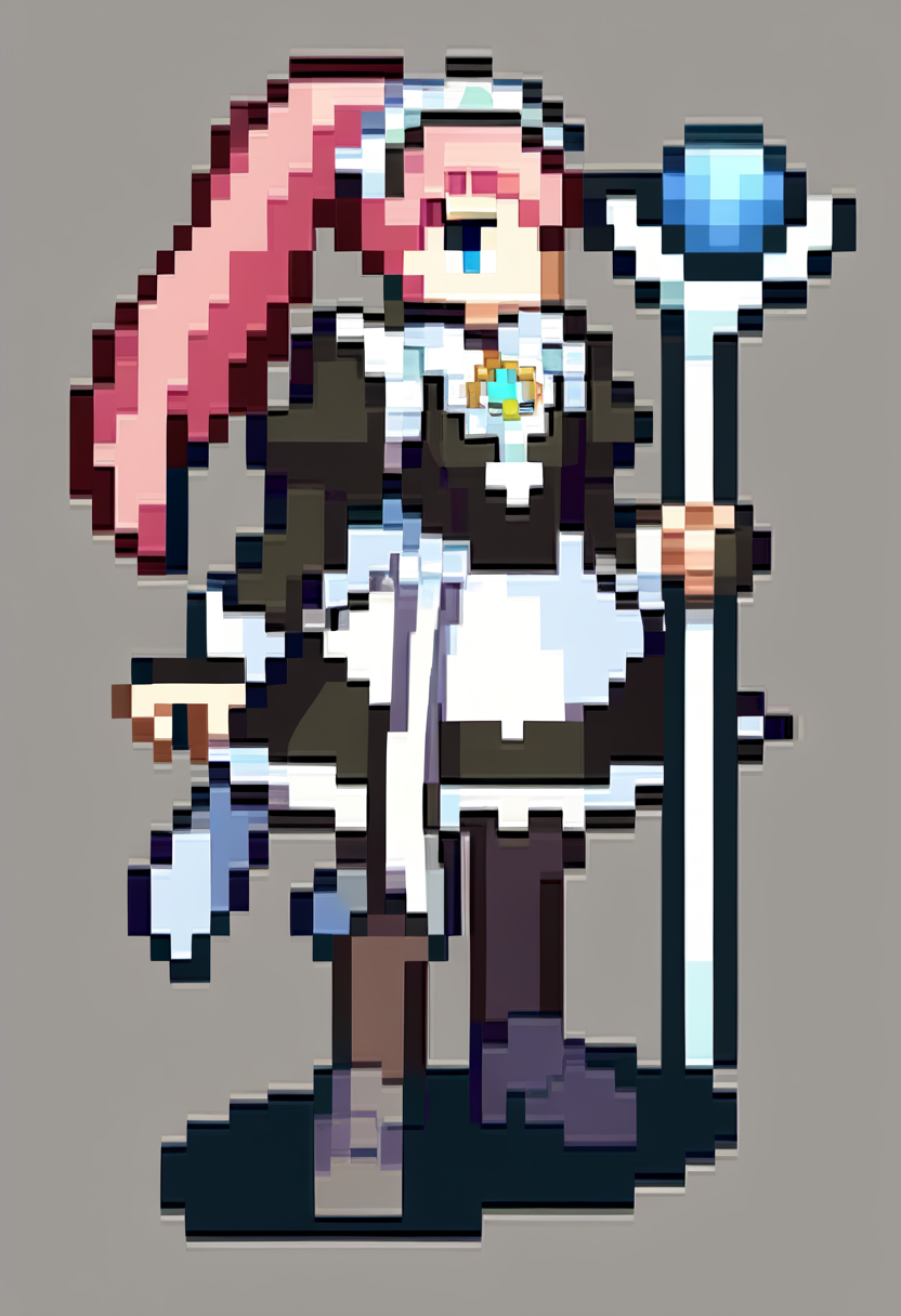 score_9, score_8_up, score_7_up, source_anime, BREAK, solo, full body, standing,  <lora:FEGBA-SpritesV2-pdxl_Fp:1>, simple background, pixel art, <lora:felicia-fe-richy-v1_xl:1>, feliciadef, pink hair, ponytail, blue eyes, maid headdress, brooch, maid apron, black thighhighs, bridal gauntlets, staff, holding staff,