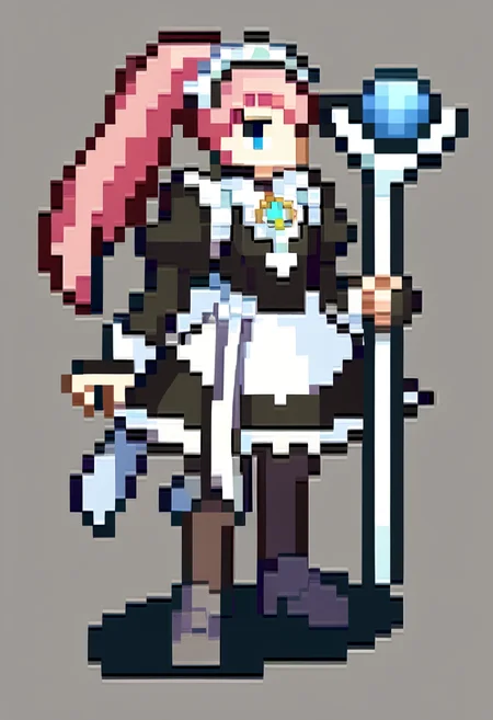 score_9, score_8_up, score_7_up, source_anime, BREAK, solo, full body, standing,  <lora:FEGBA-SpritesV2-pdxl_Fp:1>, simple background, pixel art, <lora:felicia-fe-richy-v1_xl:1>, feliciadef, pink hair, ponytail, blue eyes, maid headdress, brooch, maid apron, black thighhighs, bridal gauntlets, staff, holding staff,