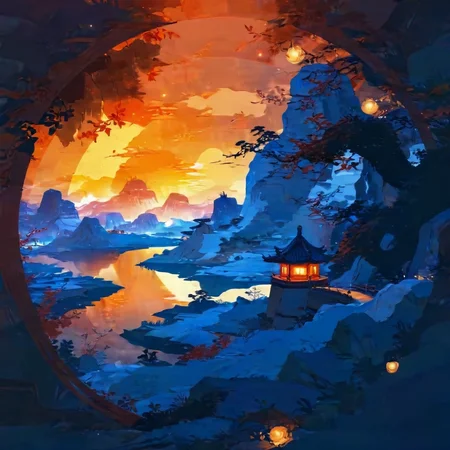 SoraSleepAI, <lora:sdxl_lightning_8step_lora:1>, masterpiece, <lora:lora:1.0> Circle, Chinese style, landscape, pixiv, at Dusk