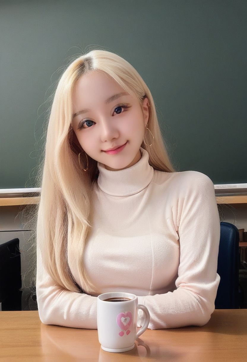 score_9, score_8_up, score_8, medium breasts, (curvy), realistic,   zzGirl, blonde hair, long hair, looking at viewer, smile, (head tilt),   turtleneck sweater, earrings, library, cup of coffee, sitting at table, 
SkinHairDetail, EyeDetail