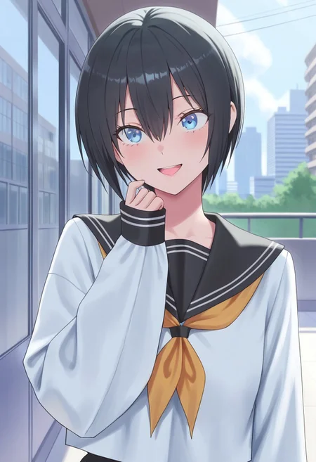 masterpiece,best quality,amazing quality, nonoa, black hair, blue eyes, short hair, 1girl, solo, school uniform, smile, serafuku, open mouth, hair between eyes, sleeves past wrists, sailor collar, building, long sleeves, black sailor collar, neckerchief, hand up