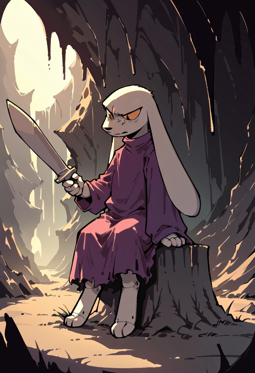 score_9,score_8_up,score_7_up, cave, shadow, lighting, king, purple dress, long ears, holding a sword, sitting on top of a destroyed robot with chucks of its pieces on the ground, cave, looking down