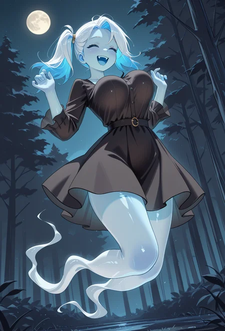 masterpiece, best quality, absurdres,
ph4nny, blue_skin,
midair, ghost tail, laughing, happy, open_mouth, bouncing breasts, hands up,
black dress,
forest, night, moon,