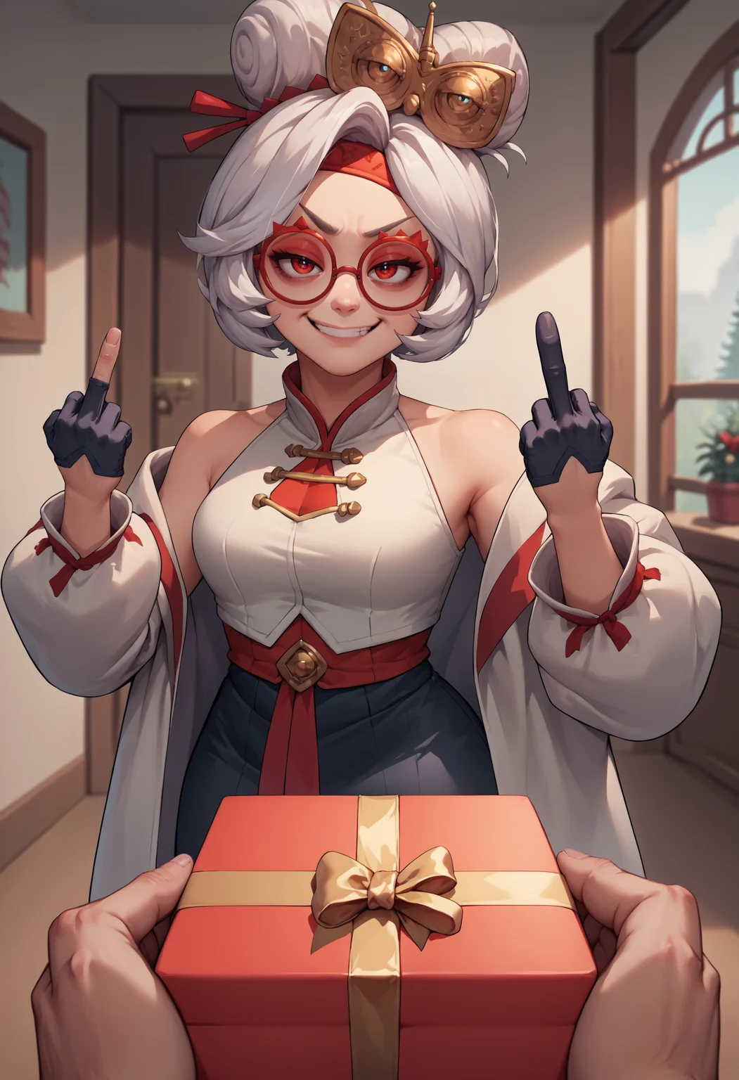 score_9, score_8_up, score_7_up, source_anime, <lora:POVGifting_XLPD:1>, PovGifting, pov hands, holding gift, gift box, indoors, <lora:purah-pdxl-nvwls-v1:0.8> purah, hair ornament, red headband, red glasses, sleeveless shirt, white coat, black skirt, gloves, smirk, middle finger,