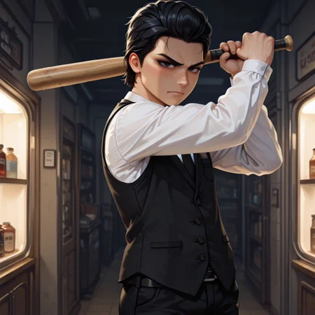 masterpiece,best quality,amazing quality,Alex766, Alex766Gacha, male, man, 1boy, masculine, rough, hair_slicked_back, short hair, black hair,black eyes, freckles, black waistcoat, necktie, white sleeves, black pants, shop cel-shading, store, (dark:1.5), backlit, (upper body shot), holding baseball bat in hand, angry face, aggressive pose, angry pose, dynamic pose