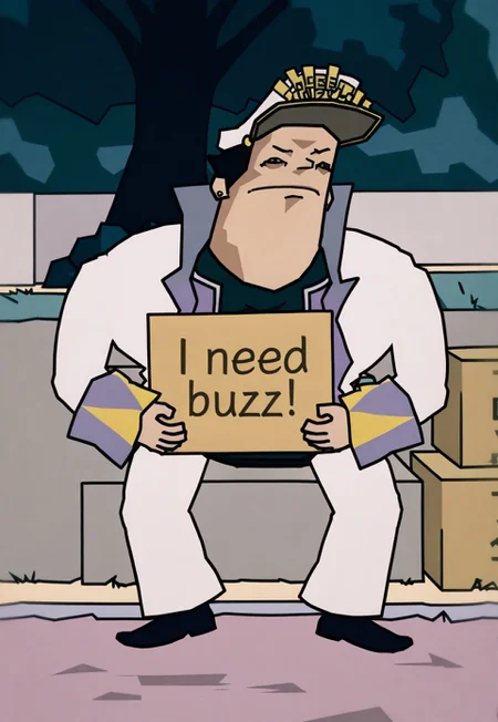 Kujo jotaro, need_buzz, holding sign, (sitting, outdoors, street, cartoon box, homeless, bum)