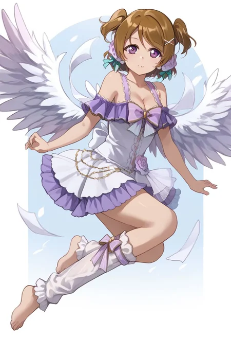 koizumi hanayo, whiteday, two side up, short hair, purple eyes, brown hair, white dress, bare shoulders, cleavage, angel wings, flower, ribbon, bow, 1girl, solo, barefoot, leg warmers, score_9, source_anime
