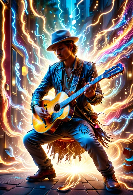 high quality, ultra detailed, abstract, fantasy, photo realistic, 4k, Fantastic lighting. Detailed shadows. intricate details, hyper-detailed, ultra-sharp, 8k , HDR+, 
3l3ctr0 A street musician strumming a guitar whose strings ripple through time ,
 <lora:3l3ctr0-SDXL:1>