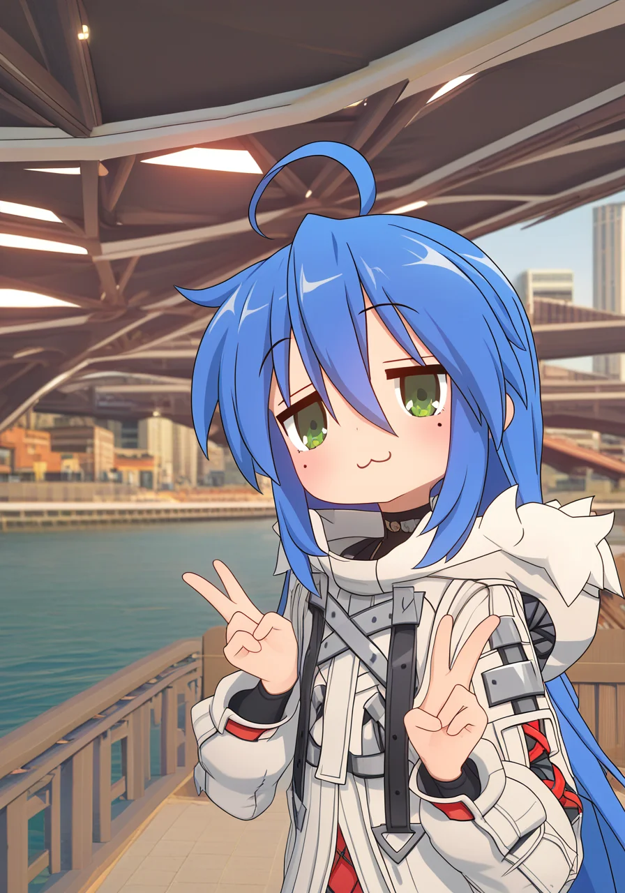newest, masterpiece, best quality, <lora:zzz3d_vpred:0.8>, (3d:0.8), simple background, blurry background, very aesthetic, mixed media, photo background, very awa, perfect composition
BREAK
outdoors, bridge, river, city lights, night, cityscape,
BREAK
1girl, solo, zenless zone zero, izumi konata, full_body, standing, parka, long hair, blue hair, =_=, :3, double v, head tilt,