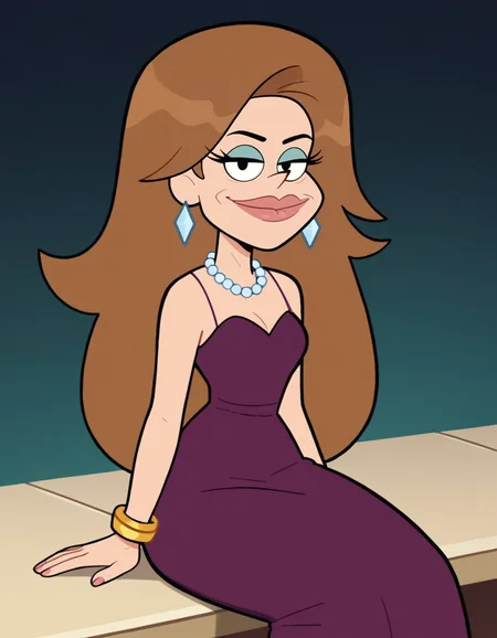 looking at viewer, wide hips, black eyes, smug, solo, <lora:Priscilla_Northwest_Gravity_Falls_Pony:0.6> , priscillanorthwest, brown hair, long hair, thick lips, diamond earrings, lipstick, pearl necklace, gold bracelet, purple dress, sleeveless dress, sitting, score_9, score_8_up, score_7_up, cute,