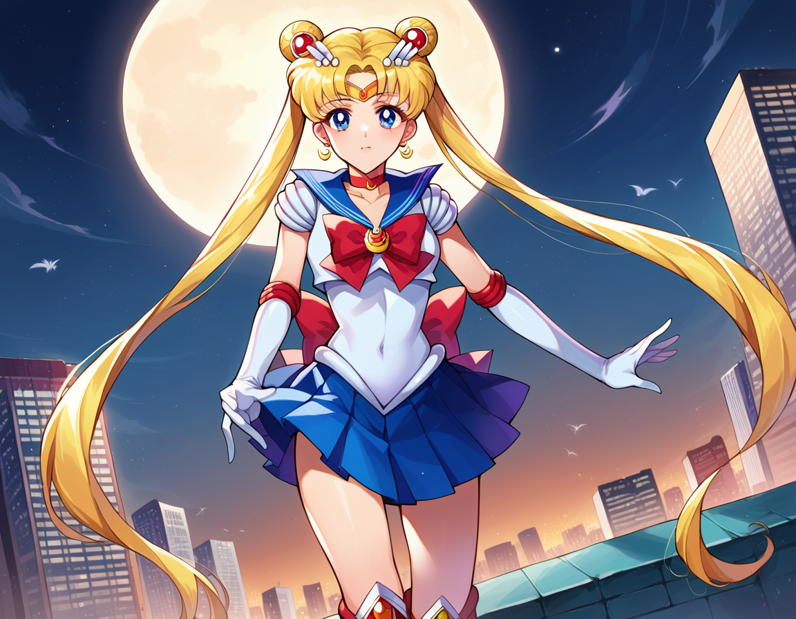 score_9, score_8_up, score_7_up, source_anime,
sailormoon, <lora:sailor-moon-ponyxl-lora-nochekaiser:1>
sailor moon, blonde hair, blue eyes, double bun, hair bun, hair ornament, long hair, twintails, circlet, parted bangs,
back bow, blue sailor collar, blue skirt, boots, bow, brooch, choker, crescent moon, elbow gloves, gloves, jewelry, knee boots, magical girl, pleated skirt, red bow, red choker, ribbon, sailor collar, sailor senshi uniform, skirt, white gloves,
outdoors, cityscape, bent over,
looking at viewer, cowboy shot, dutch angle,