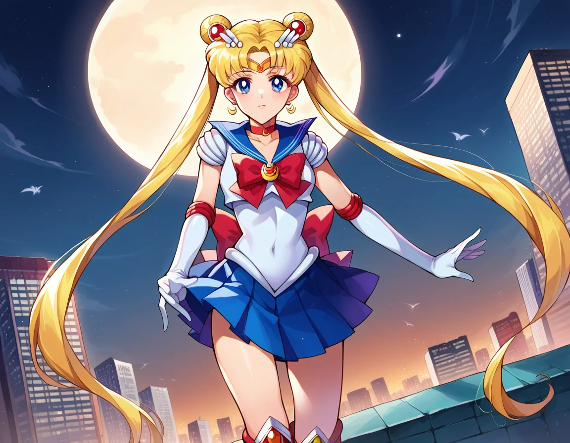score_9, score_8_up, score_7_up, source_anime,
sailormoon, <lora:sailor-moon-ponyxl-lora-nochekaiser:1>
sailor moon, blonde hair, blue eyes, double bun, hair bun, hair ornament, long hair, twintails, circlet, parted bangs,
back bow, blue sailor collar, blue skirt, boots, bow, brooch, choker, crescent moon, elbow gloves, gloves, jewelry, knee boots, magical girl, pleated skirt, red bow, red choker, ribbon, sailor collar, sailor senshi uniform, skirt, white gloves,
outdoors, cityscape, bent over,
looking at viewer, cowboy shot, dutch angle,