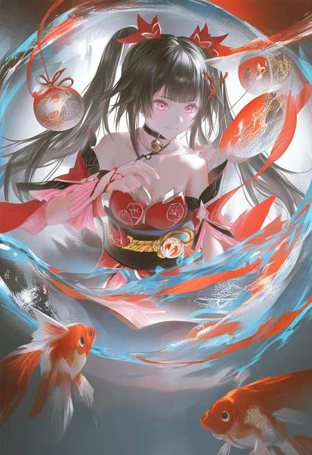 1girl, long hair, twintails, black hair, solo, smile, dress, black choker, bare shoulders, bell, goldfish, choker, pink eyes, breasts, sash, japanese clothes <lora:YLXL_NBVP1_lokr_V6311P:0.95>