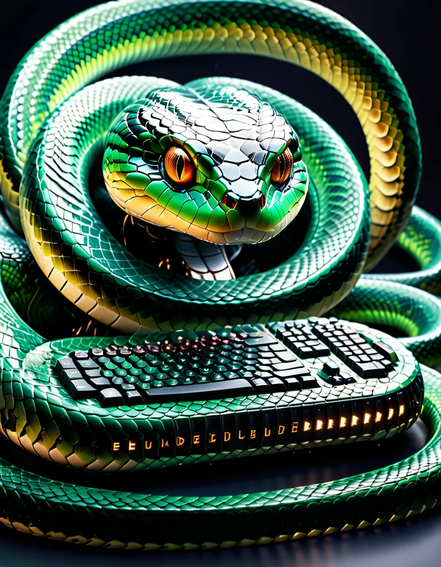 "A surreal snake-scale keyboard, each key a living, undulating snake scale, tactile and slightly organic, mystical glowing inscriptions forming philosophical phrases, cyberpunk aesthetic with biotechnological undertones, intricate mechanisms blending robotics and nature, dark and mysterious lighting, emotional resonance of wonder and unease, intricate detailing, hyperrealistic textures." <lora:SDXLFaeTastic2400:0.4> <lora:extremely_detailed:0.4> extremely detailed, <lora:sn4ke:1>,sn4ke, Masterpiece,best quality,hi res,8k,hi res,8k,award winning,(sharp focus, intricate, highly detailed),