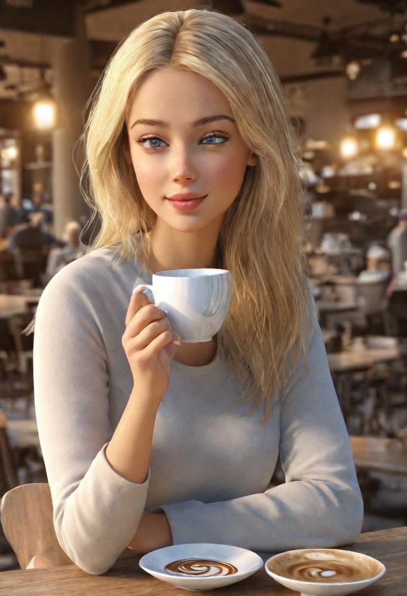 (masterpiece)
a beautiful blond girl drinking coffee, 
coffe shop background, 
HDR, 8k, trending on artstation,