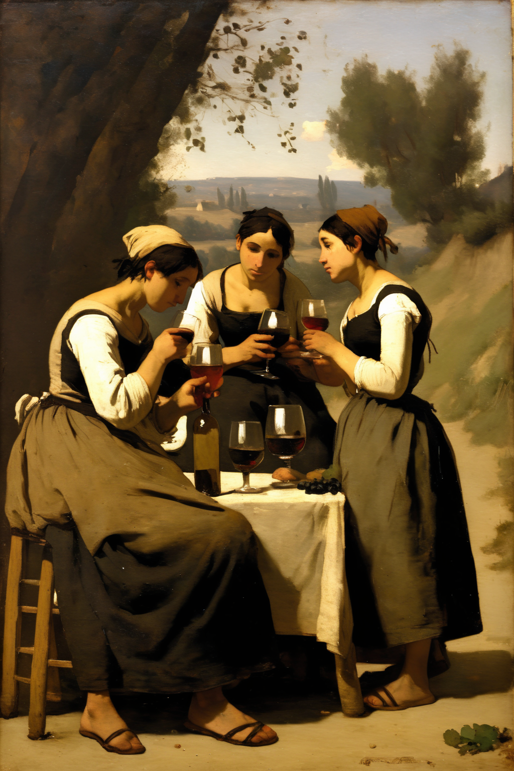 <lora:Jean-Baptiste-Camille Corot Style:1>Jean-Baptiste-Camille Corot Style - Jean-Baptiste-Camille Corot a group of peasants drinking wine