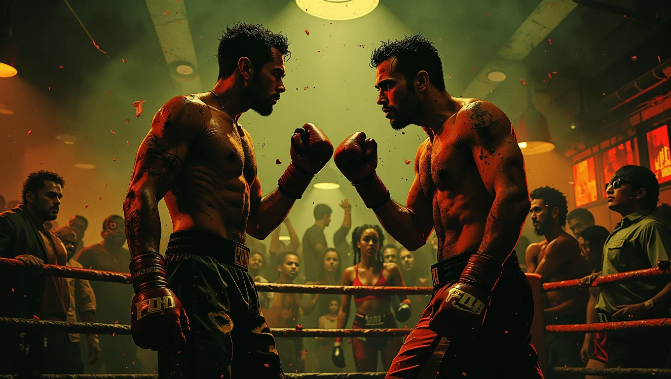 A gritty underground boxing ring where two bloodied fighters square off under harsh lights. The crowd, a mix of tough-looking men and glamorous women, cheers and jeers. Sweat and blood fly as the fighters exchange brutal blows
  <lora:Luminous_Shadowscape:0.6>