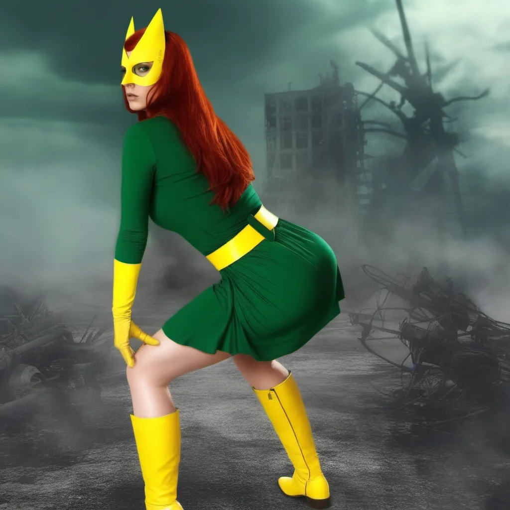Dystopian style a full body redhead woman wears a green dress and a yellow mask and yellow highboots, powerfull superhero, twerks  <lora:MarvelGirl1024:0.8> . Bleak, post-apocalyptic, somber, dramatic, highly detailed