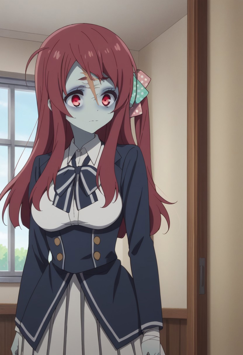 score_9, score_8_up, score_7_up, source_anime, highly detailed, 
sakuraminamoto, 1girl, scar on forehead, bandages, solo, red eyes, red hair, scar, polka dot,
school uniform, scar on face, long hair, bow, upper body, skirt, colored skin,
underbust, polka dot bow, blue skin, hair bow, 
ahoge, pleated skirt, white skirt, ribbon, standing, zombie costume,