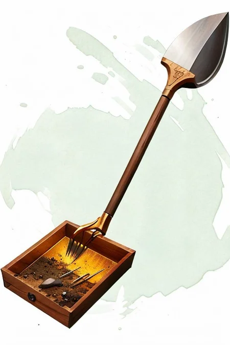 metal shovel, dark wood handle, 1 shovel, spade,