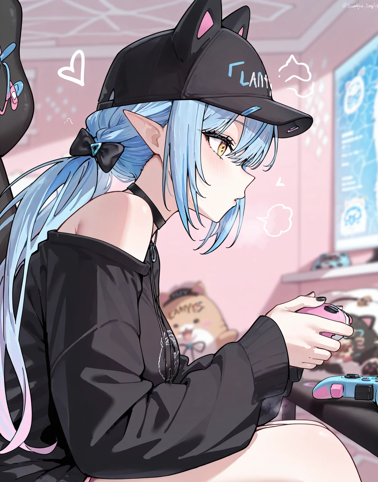 masterpiece, perfect quality, best quality, absolutely eye-catching, absurdres, highres, newest, 1girl, <lora:yukihanalamygamingoutfitIllustriousXL:1>, lamygaming, hat, black shirt, nail polish, controller, from side,