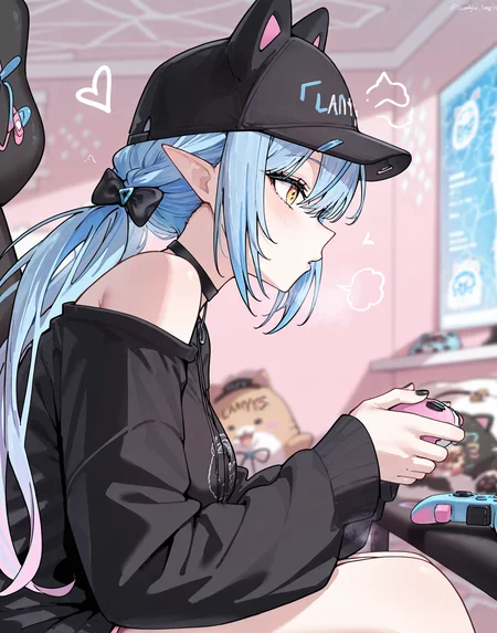 masterpiece, perfect quality, best quality, absolutely eye-catching, absurdres, highres, newest, 1girl, <lora:yukihanalamygamingoutfitIllustriousXL:1>, lamygaming, hat, black shirt, nail polish, controller, from side,