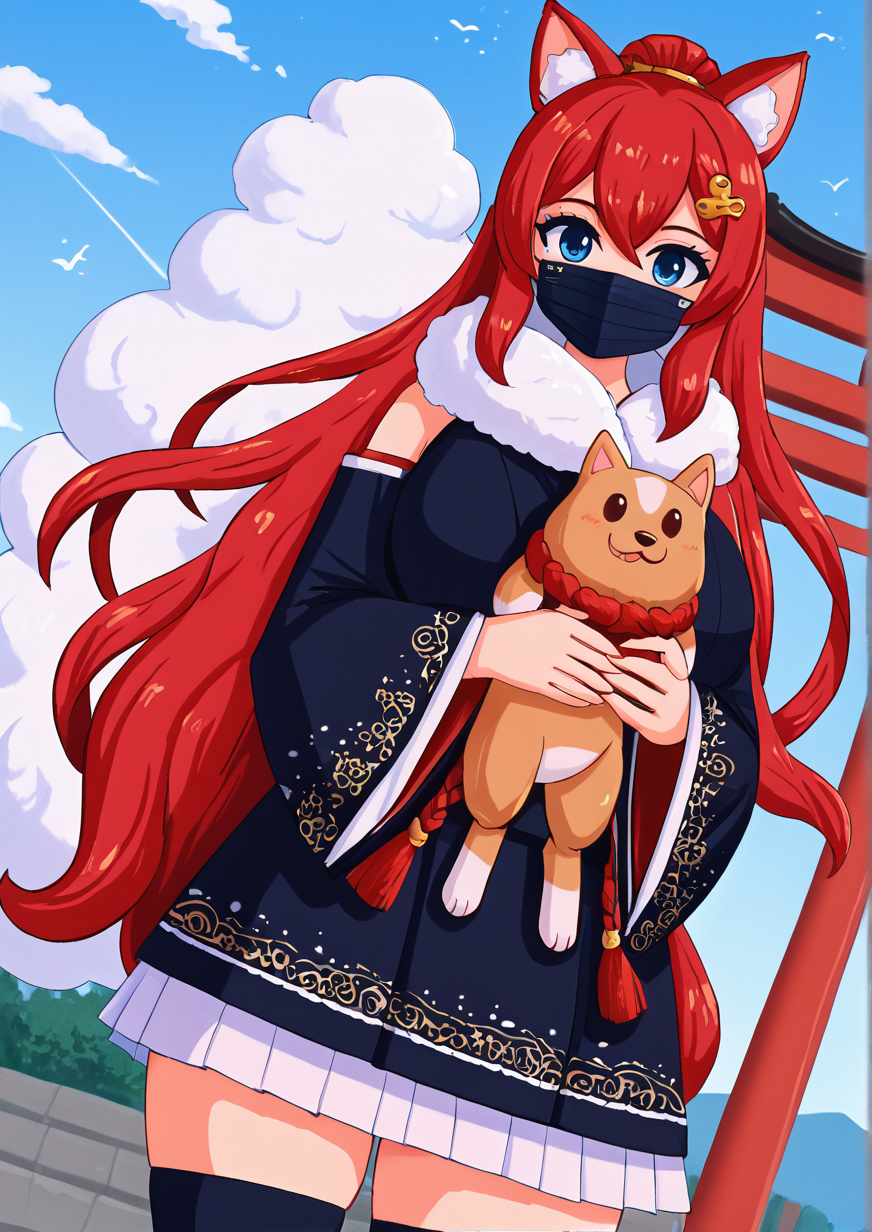 1girl, huge breast, , animal, animal ears, animal hug, animal on head, black kimono, black thighhighs, blue eyes, blue sky, chinese zodiac, cloud, day, detached sleeves, dog, dog ears, dog on head, dutch angle, fur-trimmed legwear, fur-trimmed sleeves, fur collar, fur trim, hair between eyes, hair ornament, hairclip, happy new year, japanese clothes, kimono, long hair, long sleeves, mask, mouth mask, nengajou, new year, on head, outdoors, red hair, skirt, sky, solo, sunlight, thighhighs, torii, very long hair, white skirt, wide sleeves, year of the dog,  handfixer,zPDXL3 <lora:Breast Slider - Pony_alpha1.0_rank4_noxattn_last:3> <lora:HandFixer_pdxl_Incrs_v1:1>    <lora:ellenent:1>