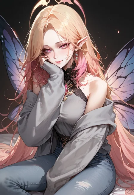 score_9, score_8_up, score_7_up, score_6_up, score_5_up,  <lora:frengXLP:1> freng, 1girl, 
grey hoodie, denim pants, (pink) gradient hair, shoulders length hair,
BREAK
(score_9, score_8_up, score_7_up), (Masterpiece), (expressive eyes), 1girl, Expressiveh,
Titania, butterfly wings, large wings, pointy ears, long blonde hair,
<lora:MGE_V5.1:0.5>