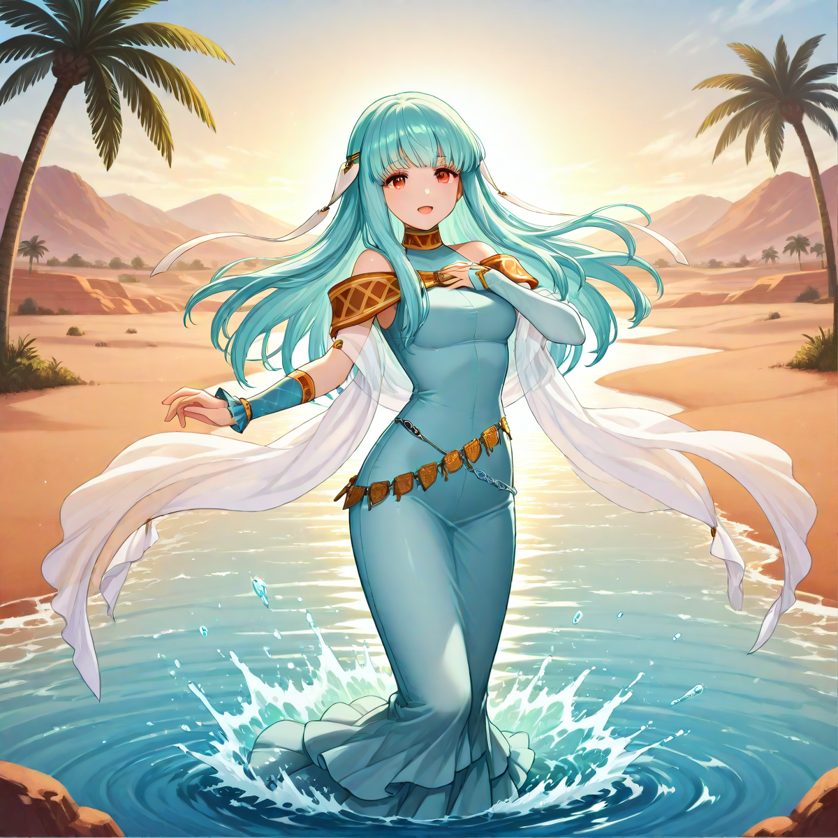 <lora:Hyper-SDXL-8steps-lora:.9>, (masterpiece),(best quality),(ultra-detailed),(best illustration),(absurdres),(detailed background),(very aesthetic), 1girl, solo, <lora:Ninian-ILXL-10:1> ninian, ninidress, shawl, detached sleeves, asymmetrical sleeves, dancing, dancing pose, splashing water, water in air, river, desert, palm trees, landscape, small smile, small open mouth