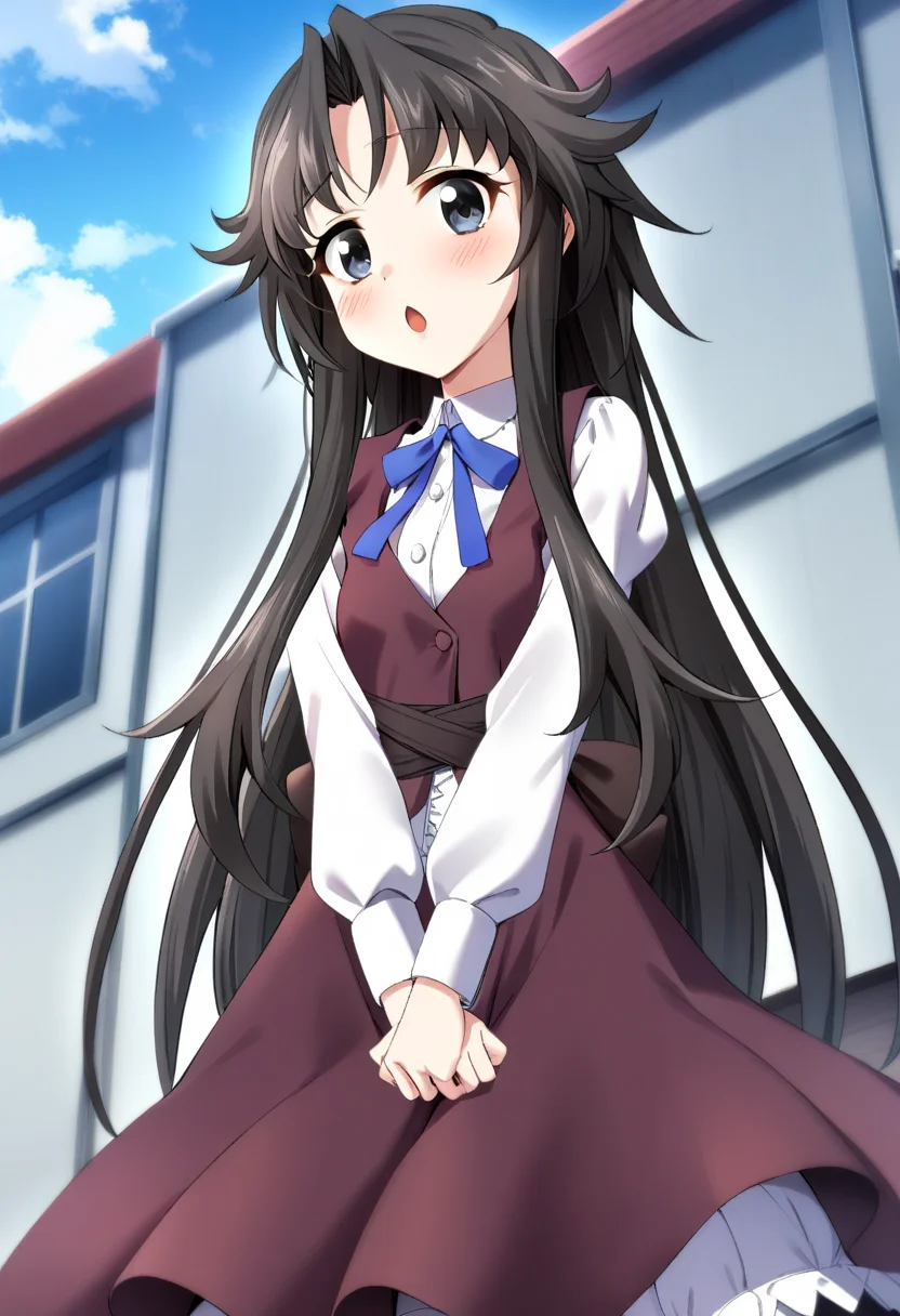 1girl, chisa\(memories off 6\), solo, sky, outdoors, long sleeves, open mouth, v arms, burgundy-color dress, dark red waistband, white shirt inside, frills, blue neck ribbon, black long hair, black eyes, :o, looking at viewer, blush, buttons, masterpiece, best quality, very aesthetic, absurdres, <lora:chisa:1>