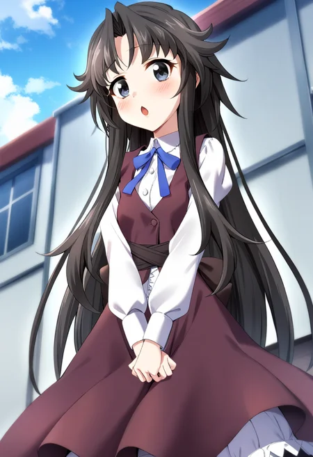 1girl, chisa\(memories off 6\), solo, sky, outdoors, long sleeves, open mouth, v arms, burgundy-color dress, dark red waistband, white shirt inside, frills, blue neck ribbon, black long hair, black eyes, :o, looking at viewer, blush, buttons, masterpiece, best quality, very aesthetic, absurdres, <lora:chisa:1>