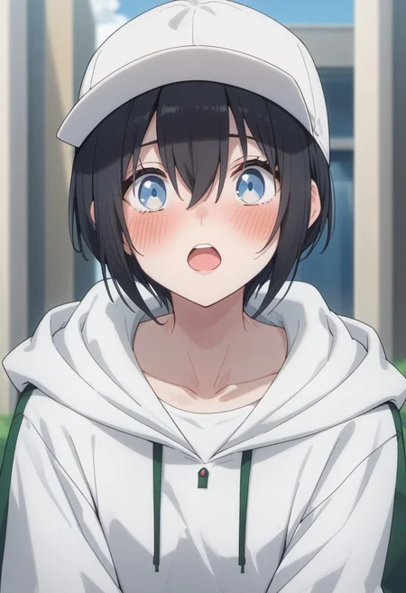 score_9, score_8_up, score_7_up, source_anime, nonoa, black hair, blue eyes, short hair, 1girl, hat, solo, blush, hood, hair between eyes, hoodie, white headwear, hood down, white hoodie, open mouth, baseball cap, looking at viewer, collarbone