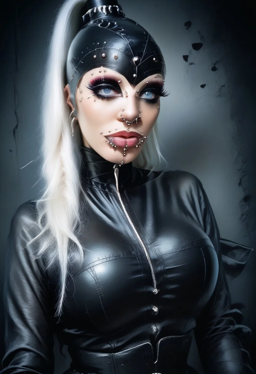 score_9, score_8_up, score_7_up, rating_safe, concept art, realistic, dark theme, low light, dvr-gs, Fixhand.
1girl, solo, Lush white hair, blue eyes. Sexy makeup.
(Big breast:1.2), (Round breast:1.2).
((ExtrFacePiercing:1.8)).
((latexHood)), ponytailHair.