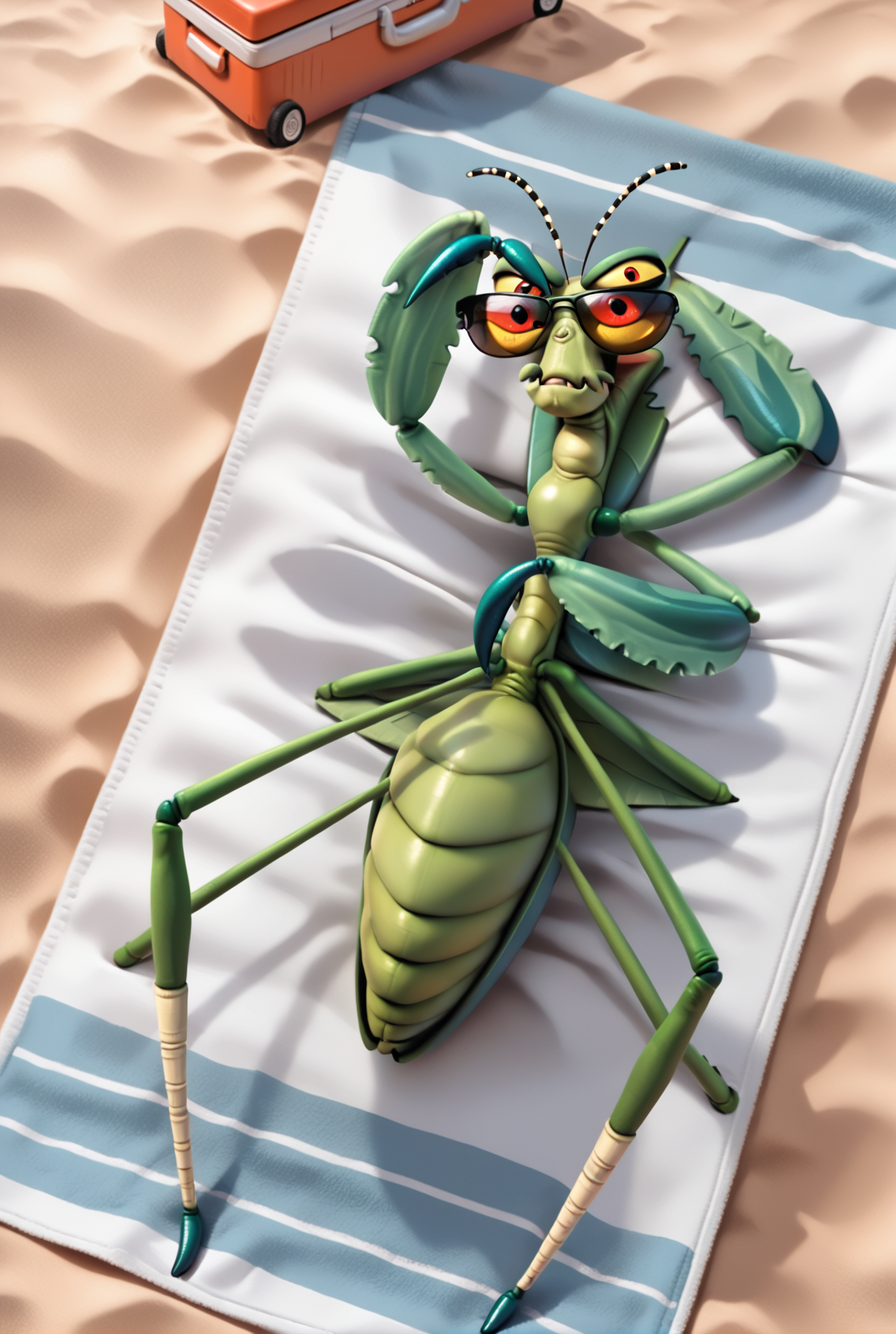 score_9, score_8_up, score_8,
<lora:Master_Mantis_Kung_Fu_Panda_for_PonyXL:0.8> 1boy, mantis, m4st3rm4nt15, insect, solo, antennae, colored sclera, red eyes, bug
parody, source_cartoon,
beach, sunglasses, laying down, towel, cooler, umbrella,